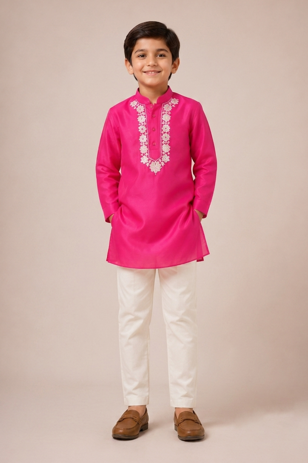Vibrant Hot Pink Embroidered Kurta Paired With White Pants