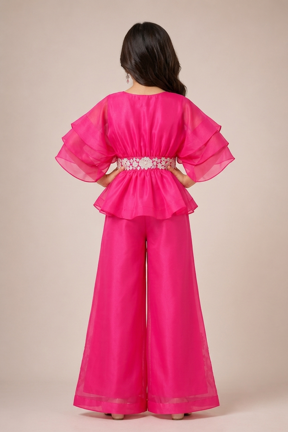 Vibrant Hot Pink Organza Peplum Indo Western Set With Floral Embroidery
