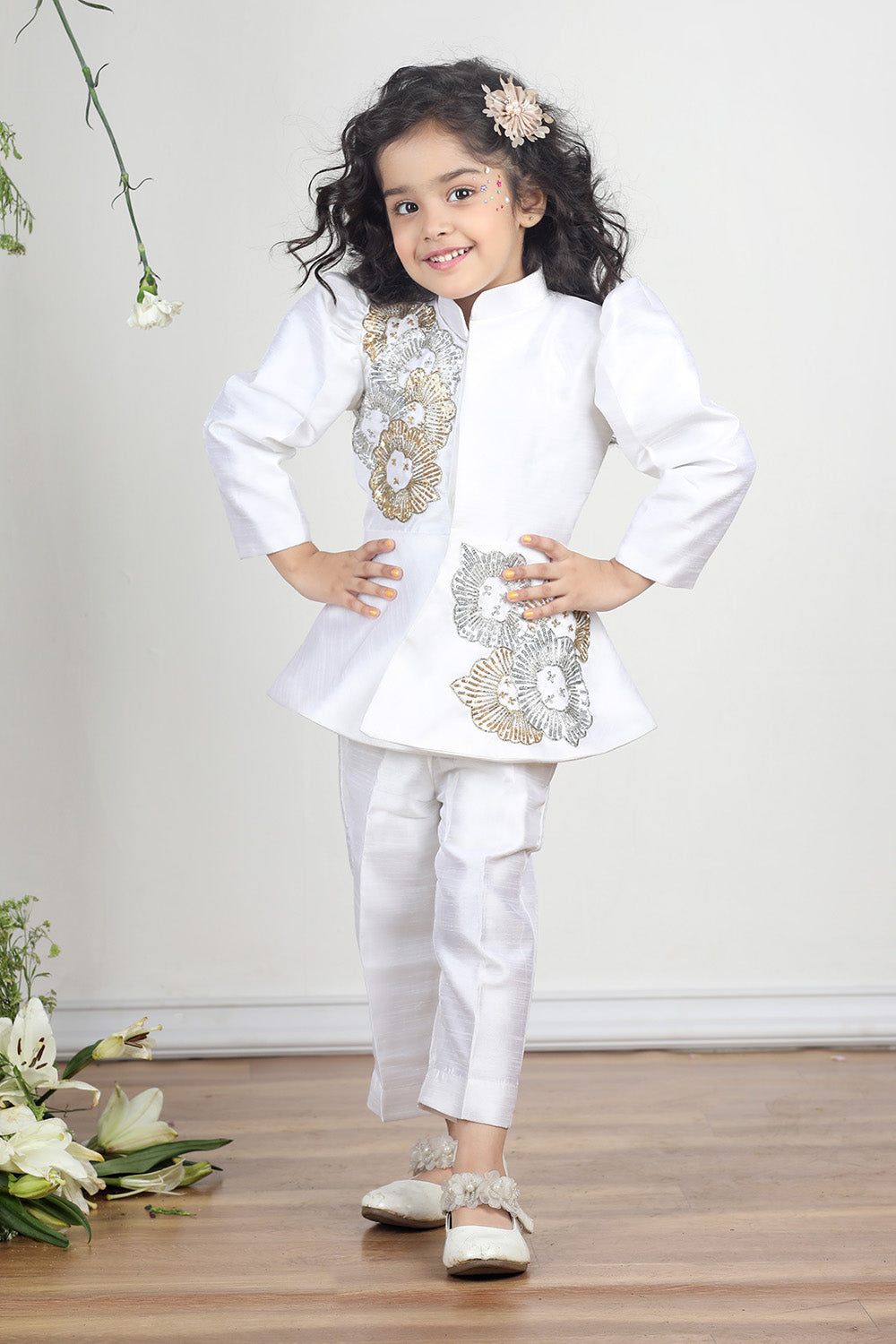 White Coat Style Top with Sequence Embroidery