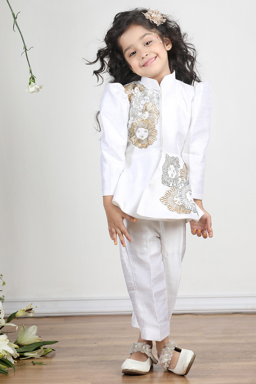 White Coat Style Top with Sequence Embroidery