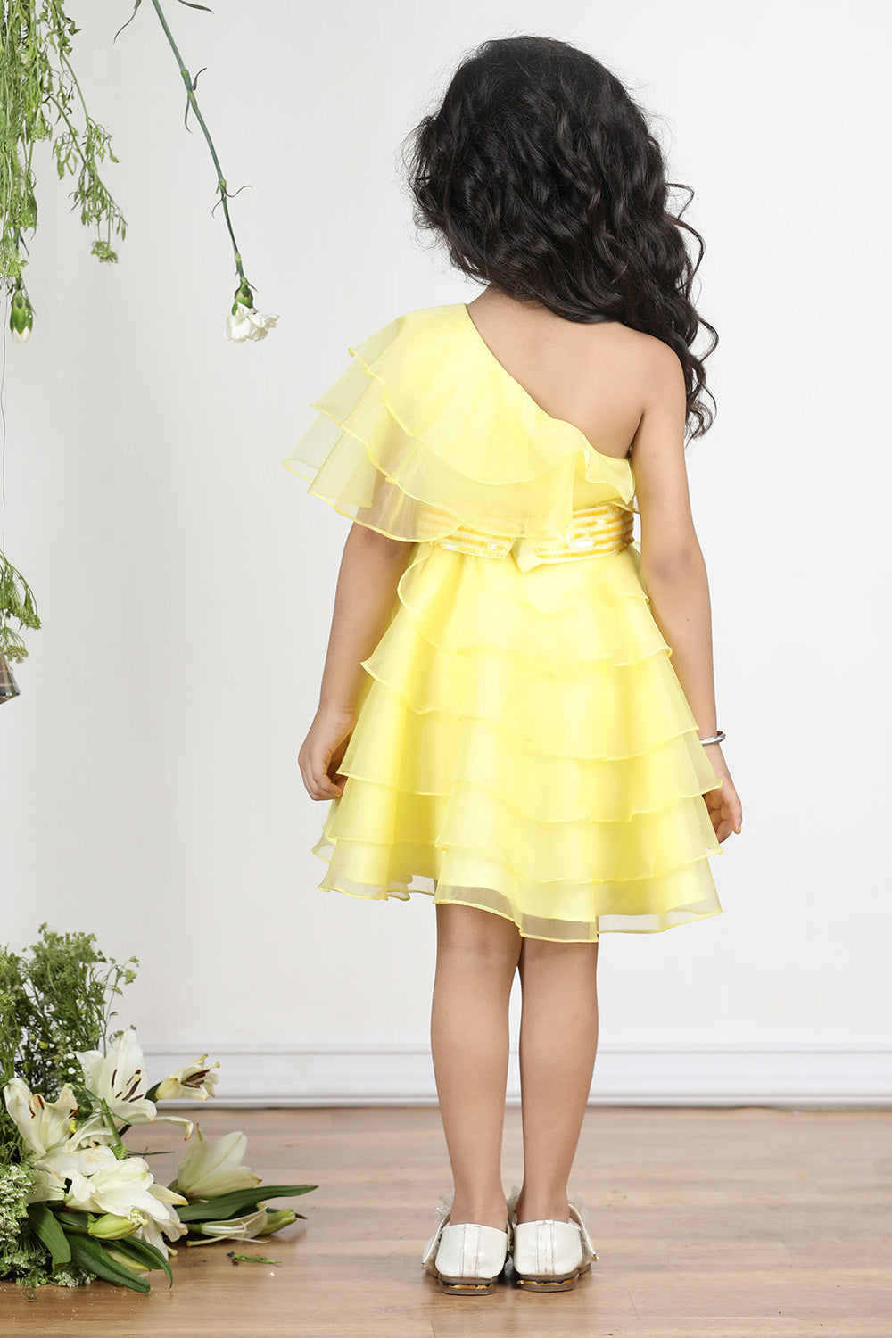 Yellow Off Shoulder Dress with Layers and Embroiderded Belt